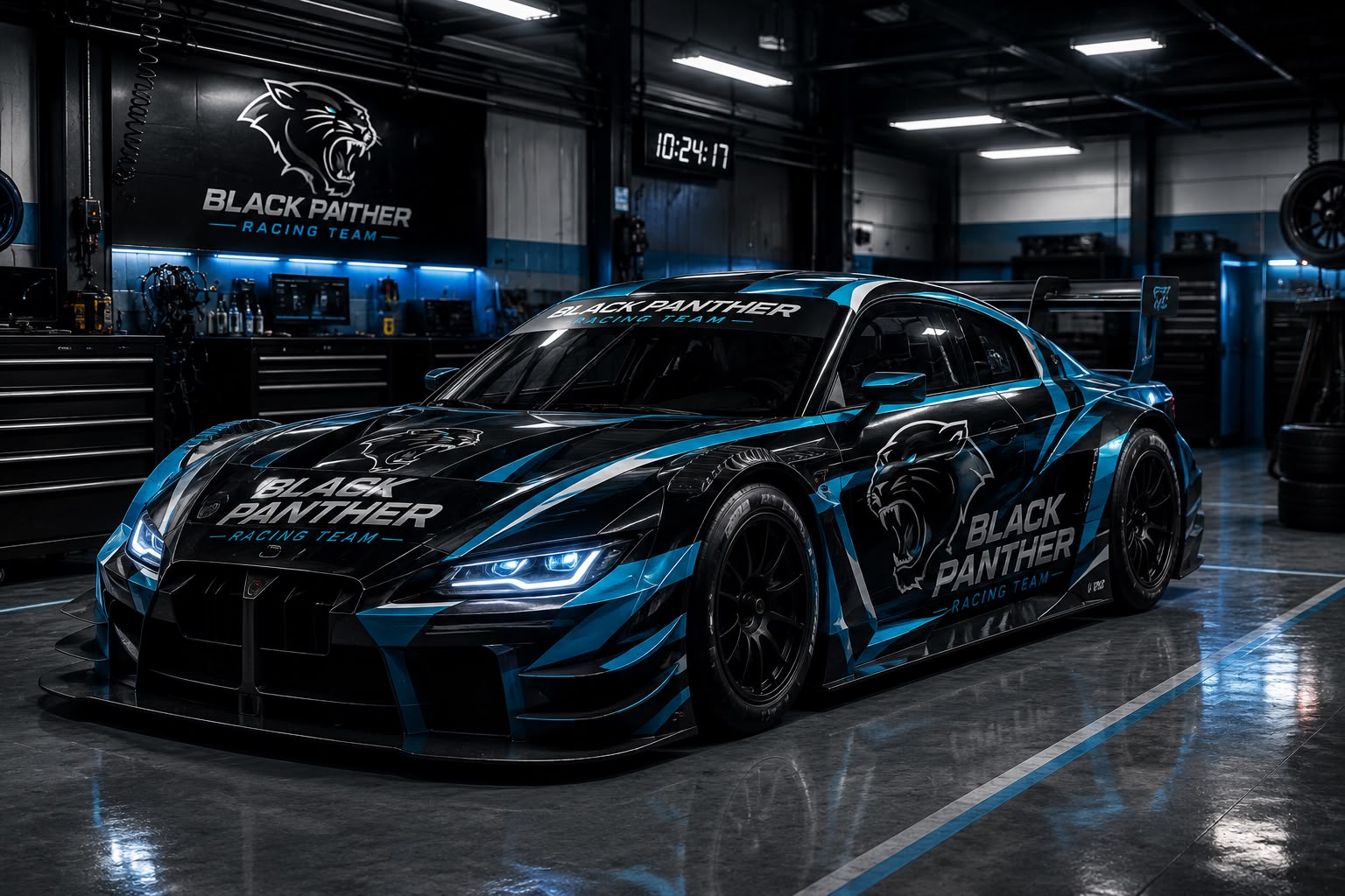 Black Panther Racing GT-Rennwagen in der Teamgarage